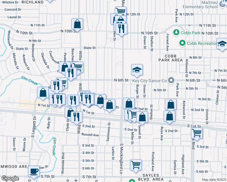 map of restaurants, bars, coffee shops, grocery stores, and more near 401 Woodlawn Drive in Abilene