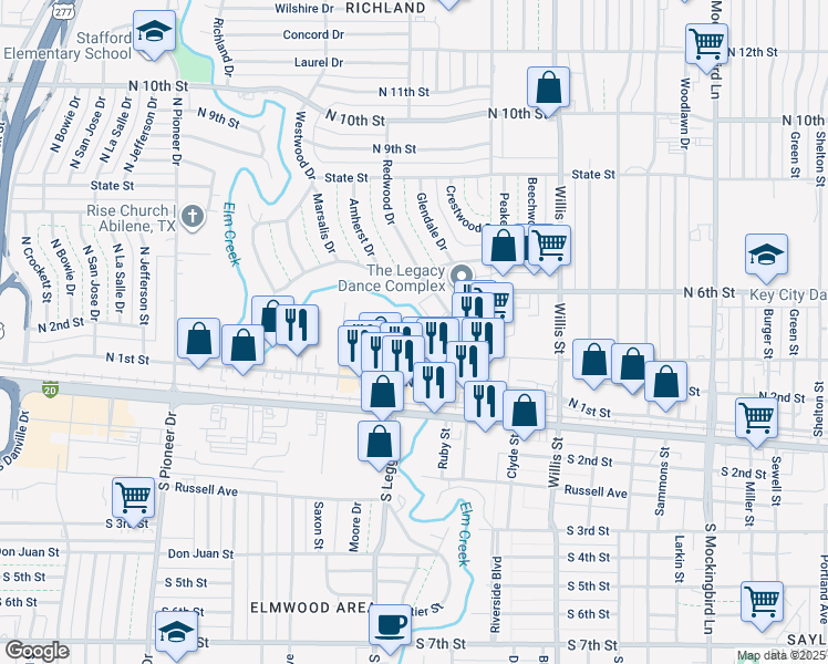 map of restaurants, bars, coffee shops, grocery stores, and more near 410 North Leggett Drive in Abilene