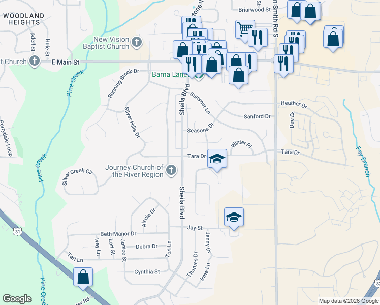 map of restaurants, bars, coffee shops, grocery stores, and more near 1803 Tara Drive in Prattville
