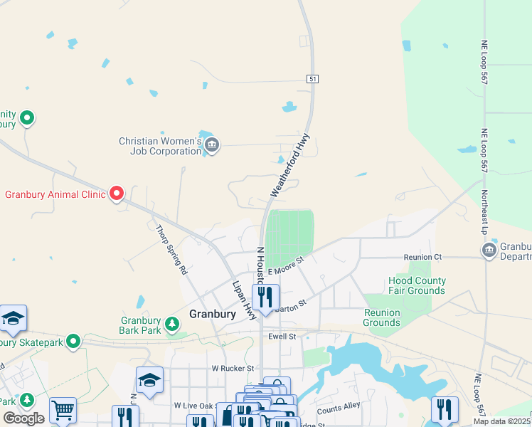map of restaurants, bars, coffee shops, grocery stores, and more near Houston Street in Granbury
