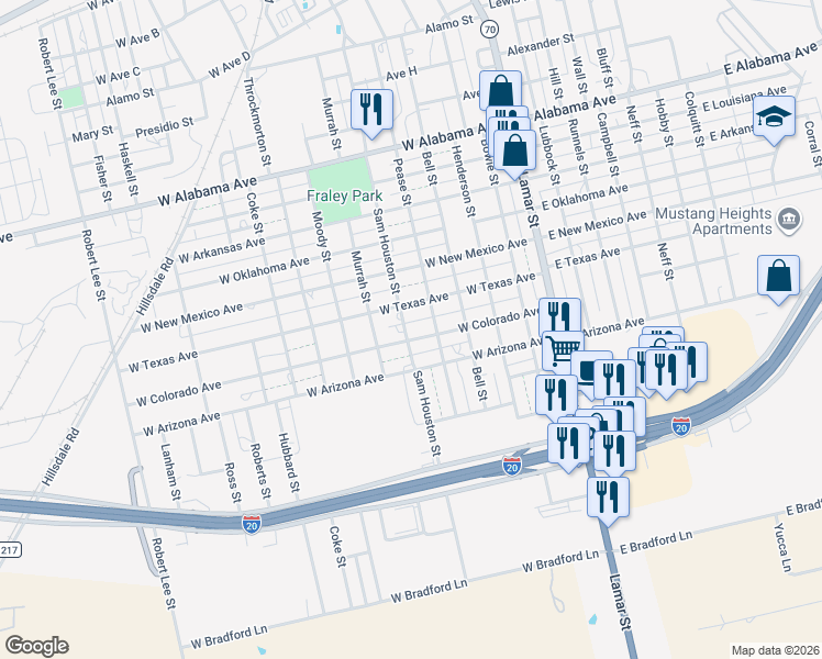 map of restaurants, bars, coffee shops, grocery stores, and more near 1409 Sam Houston Street in Sweetwater