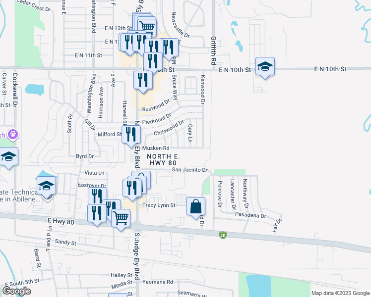 map of restaurants, bars, coffee shops, grocery stores, and more near 1225 Musken Road in Abilene
