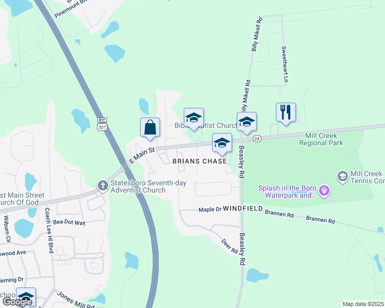 map of restaurants, bars, coffee shops, grocery stores, and more near 4 Crosswinds Drive in Statesboro
