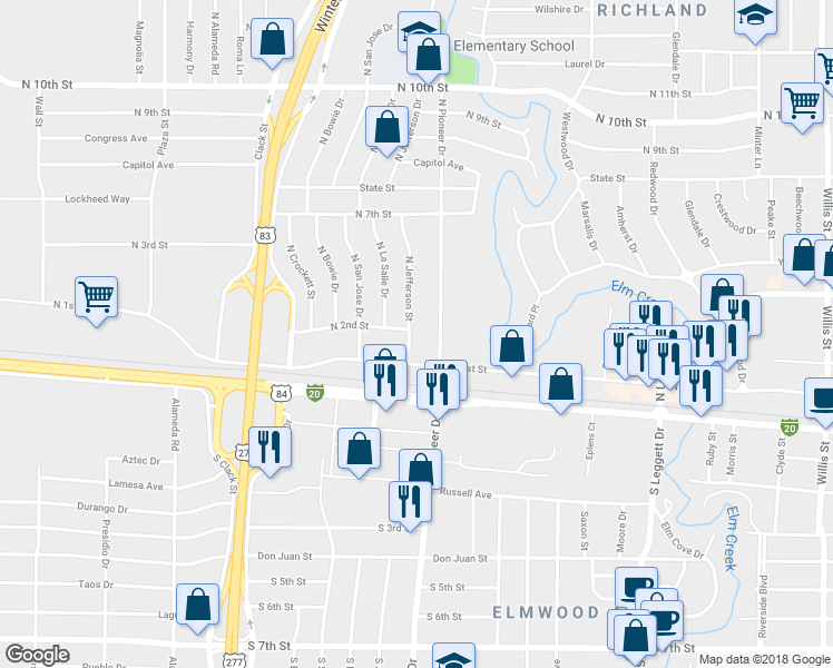map of restaurants, bars, coffee shops, grocery stores, and more near 4501 North 2nd Street in Abilene