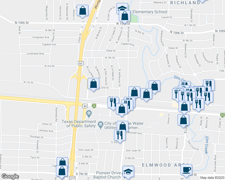 map of restaurants, bars, coffee shops, grocery stores, and more near 4623 North 2nd Street in Abilene