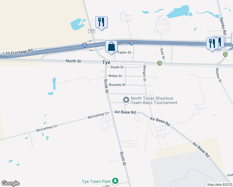 map of restaurants, bars, coffee shops, grocery stores, and more near 129 Concho Street in Tye