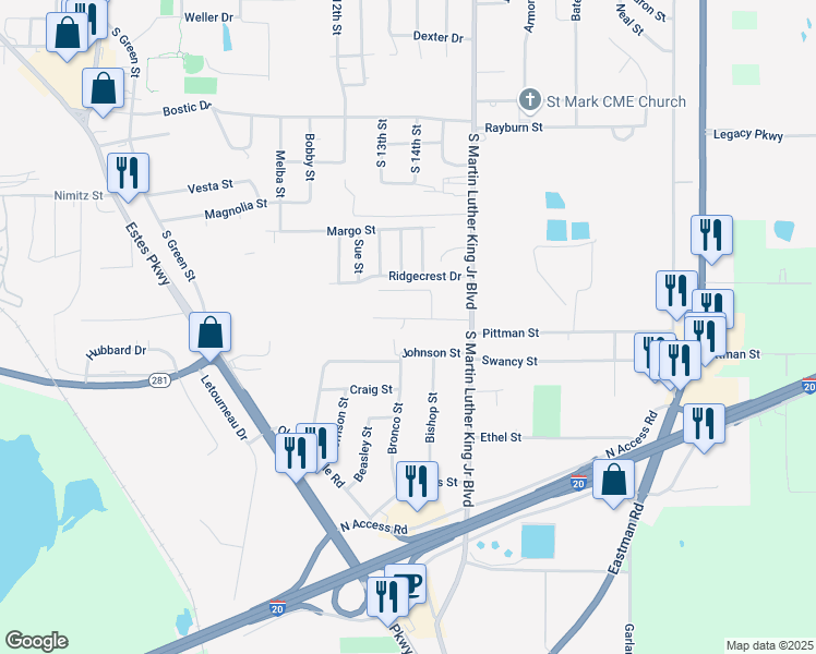 map of restaurants, bars, coffee shops, grocery stores, and more near 1118 Bertha Avenue in Longview