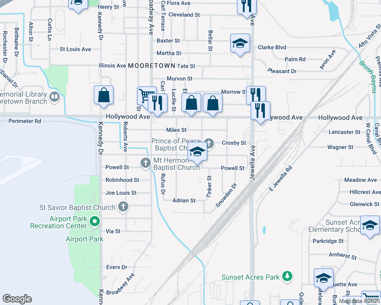 map of restaurants, bars, coffee shops, grocery stores, and more near 3918 Mayfield Street in Shreveport