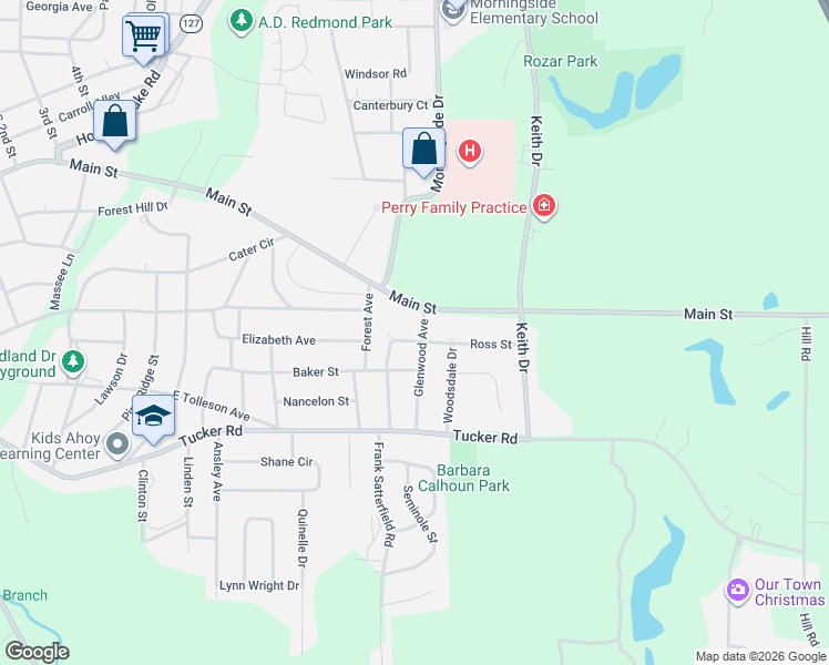 map of restaurants, bars, coffee shops, grocery stores, and more near 1001 Glenwood Avenue in Perry