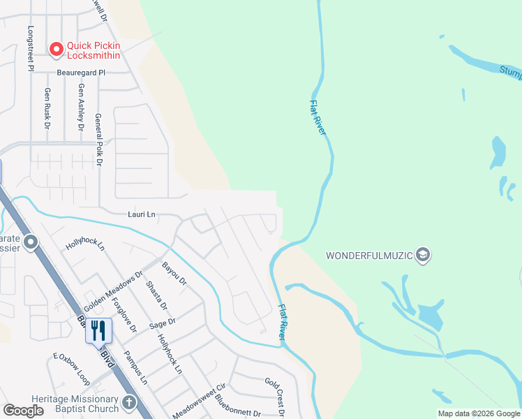 map of restaurants, bars, coffee shops, grocery stores, and more near 3021 Grace Harper Drive in Bossier City