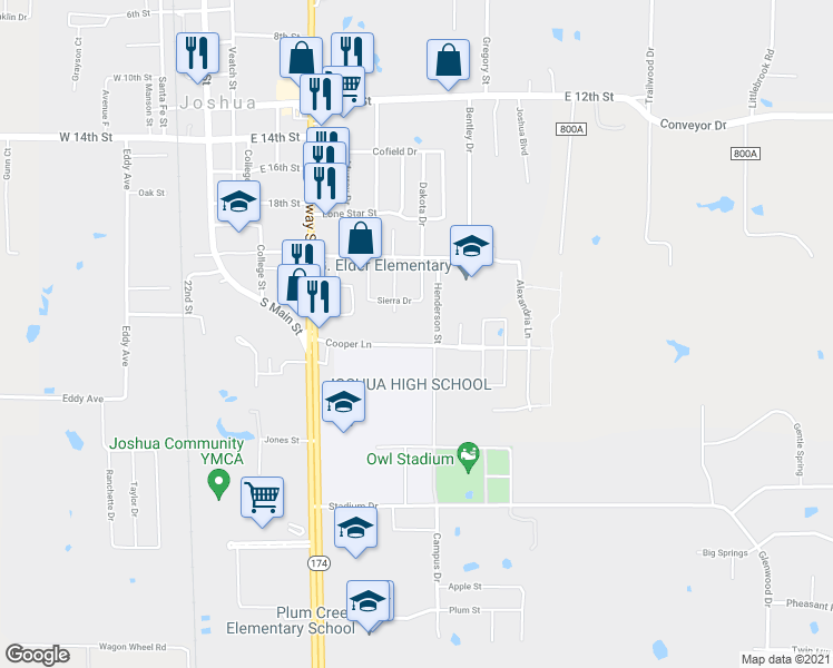 map of restaurants, bars, coffee shops, grocery stores, and more near 547 Cooper Lane in Joshua