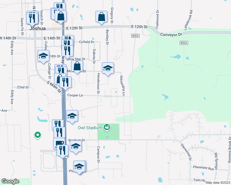 map of restaurants, bars, coffee shops, grocery stores, and more near 624 East Sheila Circle in Joshua