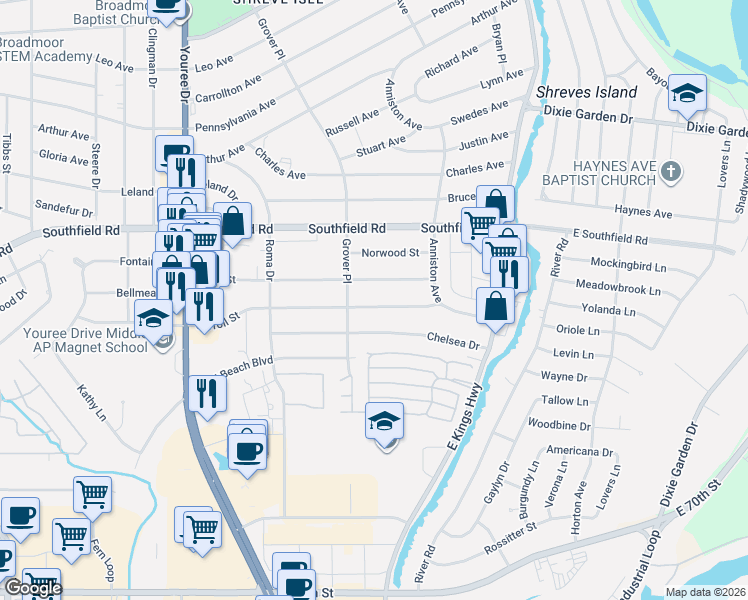map of restaurants, bars, coffee shops, grocery stores, and more near 144 Carroll Street in Shreveport