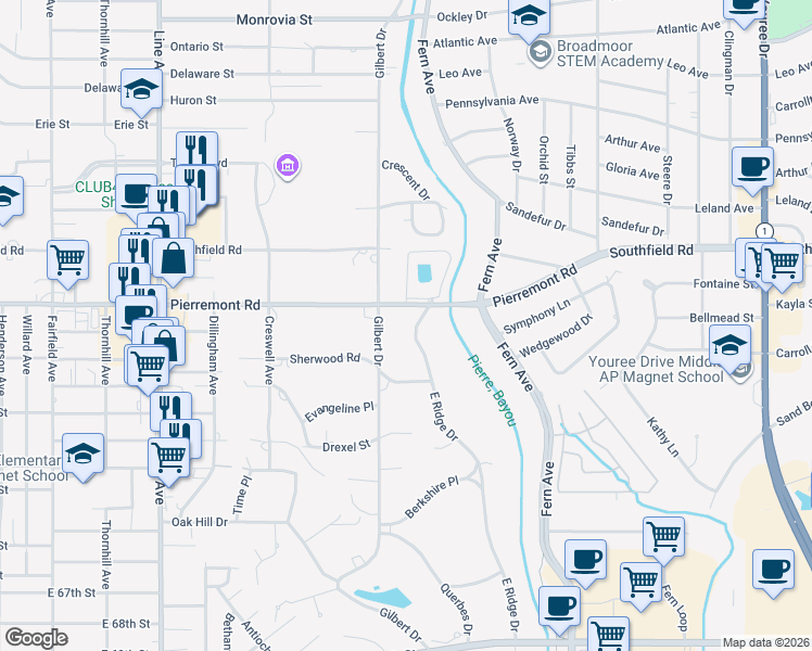 map of restaurants, bars, coffee shops, grocery stores, and more near 5912 East Ridge Drive in Shreveport