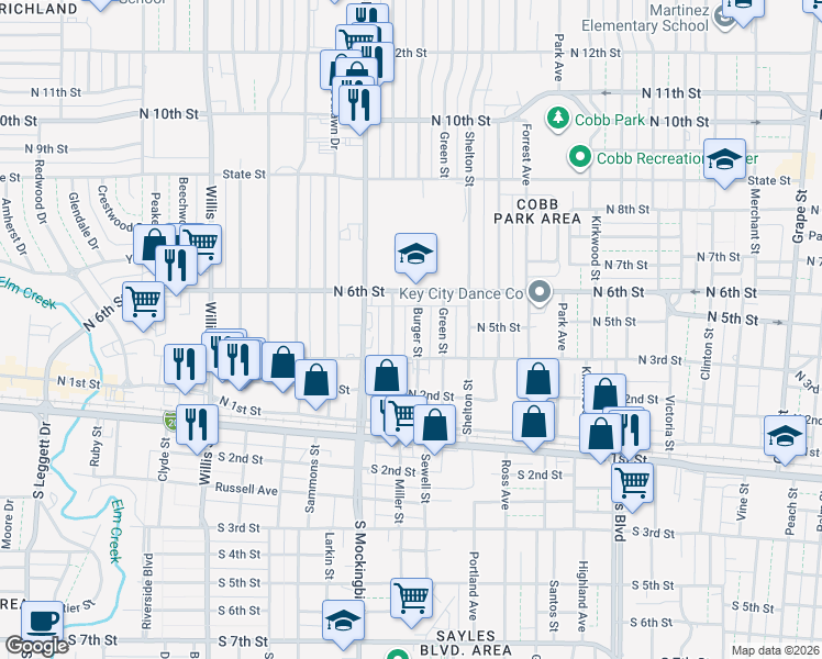 map of restaurants, bars, coffee shops, grocery stores, and more near 402 Burger Street in Abilene