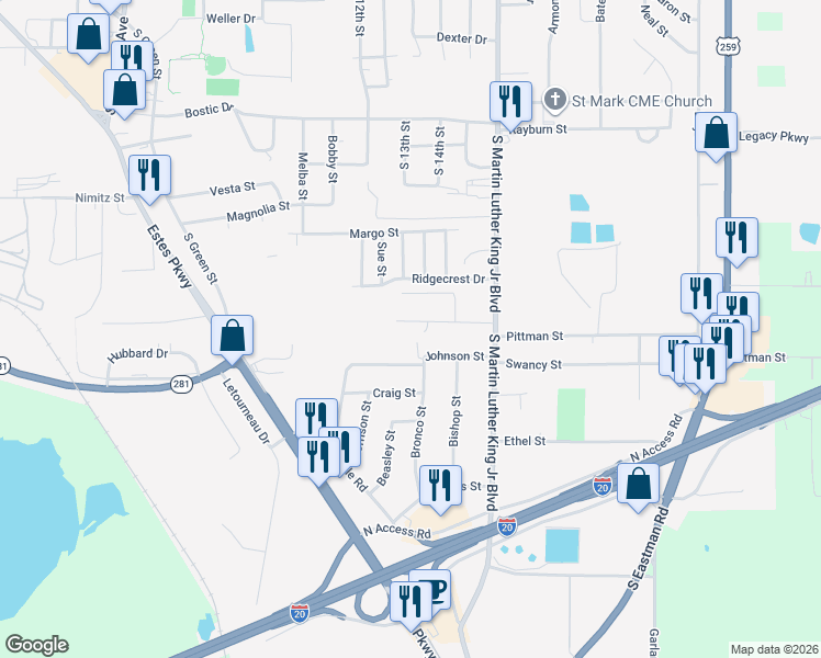 map of restaurants, bars, coffee shops, grocery stores, and more near 1100 Bertha Avenue in Longview