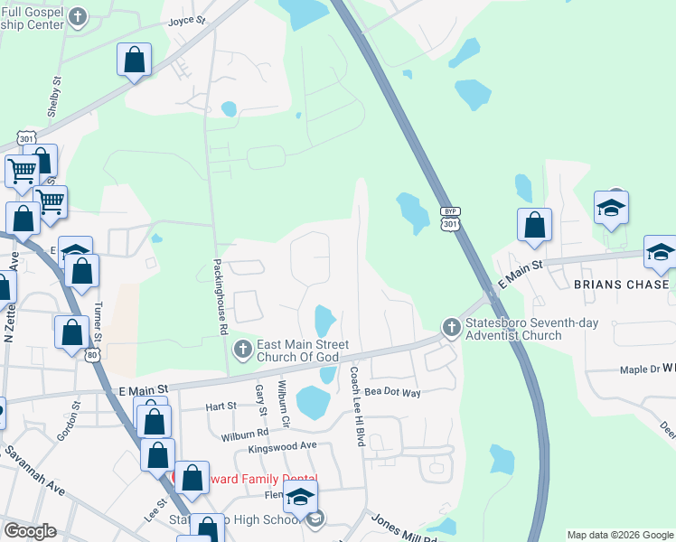 map of restaurants, bars, coffee shops, grocery stores, and more near 124 Blue Ridge Drive in Statesboro