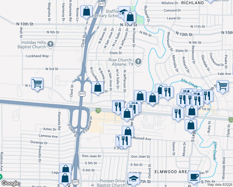 map of restaurants, bars, coffee shops, grocery stores, and more near 4623 North 2nd Street in Abilene