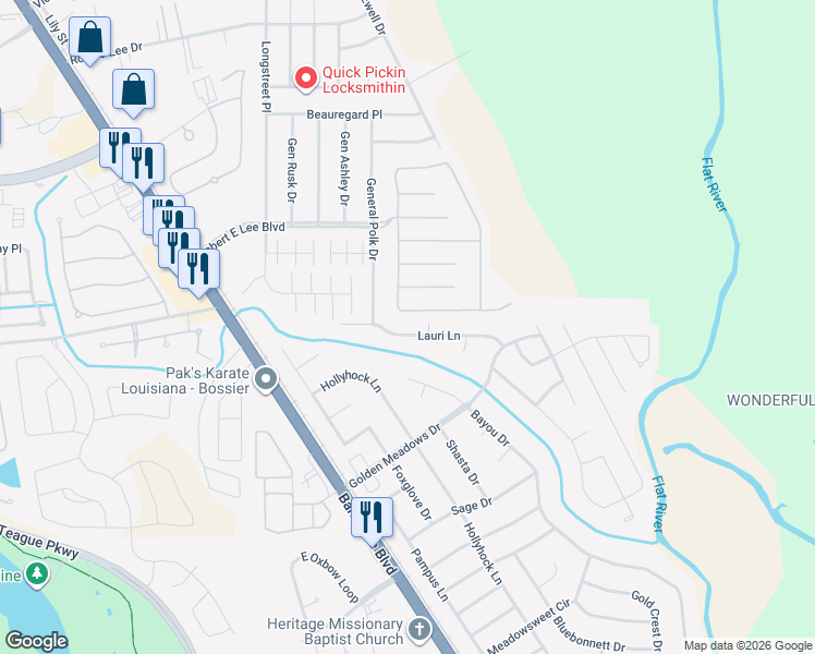map of restaurants, bars, coffee shops, grocery stores, and more near 5225 Lauri Lane in Bossier City