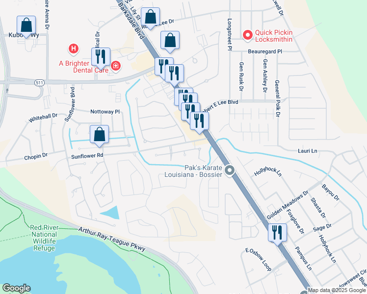 map of restaurants, bars, coffee shops, grocery stores, and more near 207 Radbrook Drive in Bossier City