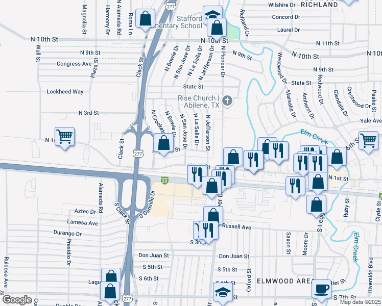 map of restaurants, bars, coffee shops, grocery stores, and more near 4623 North 2nd Street in Abilene