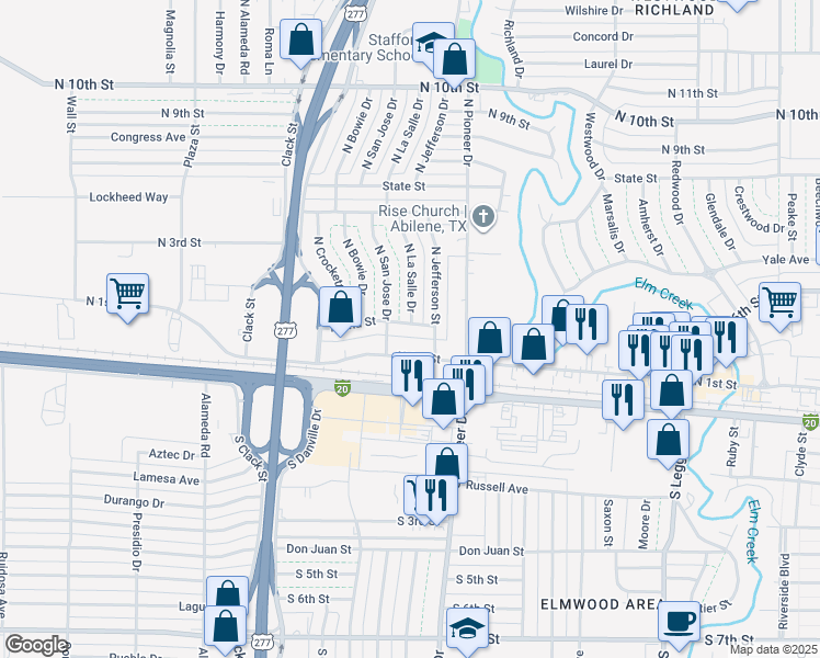 map of restaurants, bars, coffee shops, grocery stores, and more near 4607 North 2nd Street in Abilene