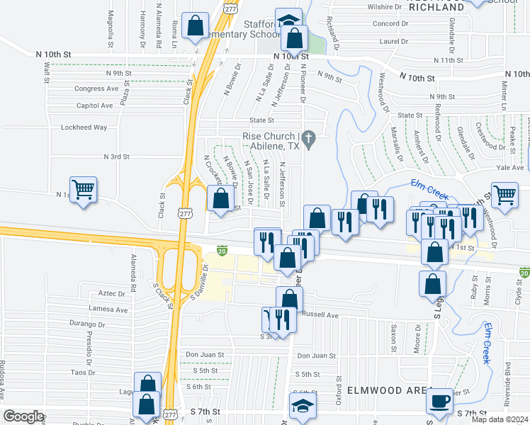 map of restaurants, bars, coffee shops, grocery stores, and more near 4609 North 2nd Street in Abilene