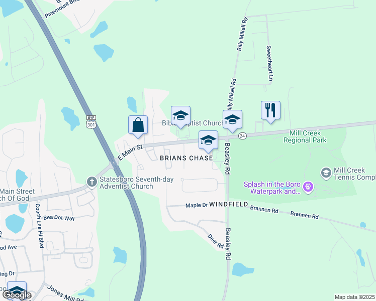 map of restaurants, bars, coffee shops, grocery stores, and more near 4 Crosswinds Drive in Statesboro