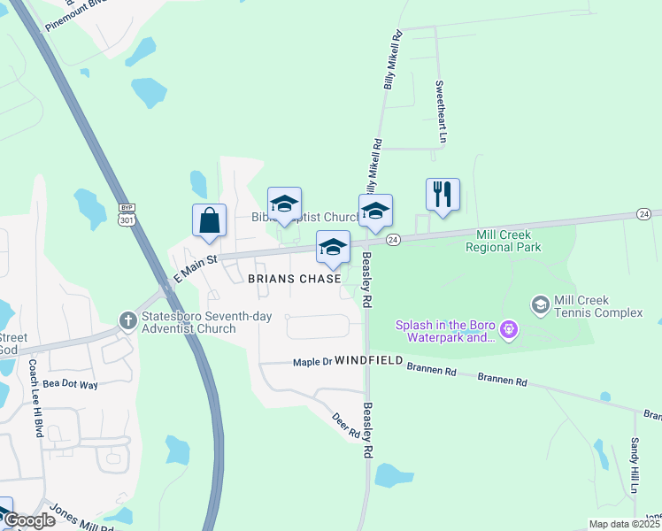 map of restaurants, bars, coffee shops, grocery stores, and more near 239 Beasley Road in Statesboro
