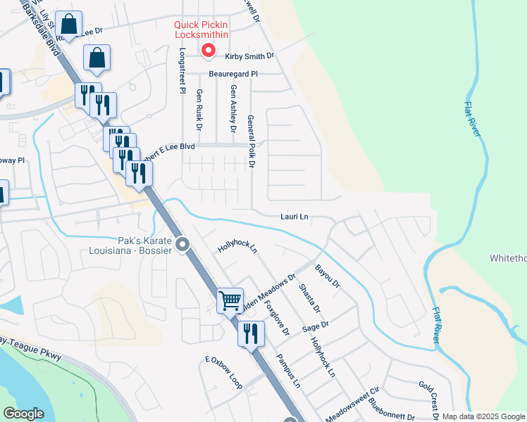 map of restaurants, bars, coffee shops, grocery stores, and more near 5225 Lauri Lane in Bossier City
