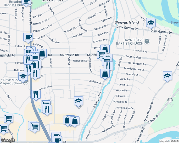 map of restaurants, bars, coffee shops, grocery stores, and more near 5765 Anniston Avenue in Shreveport