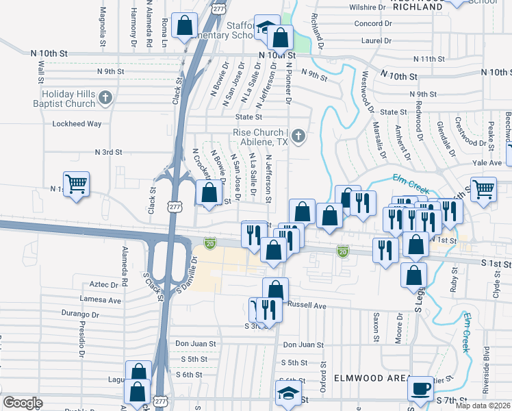 map of restaurants, bars, coffee shops, grocery stores, and more near 4623 North 2nd Street in Abilene