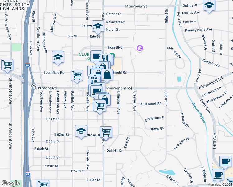 map of restaurants, bars, coffee shops, grocery stores, and more near 5918 Dillingham Avenue in Shreveport
