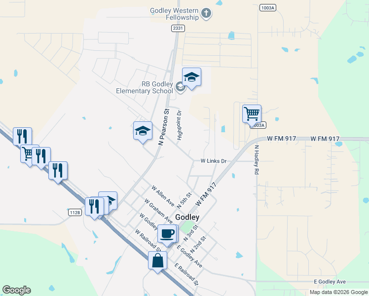 map of restaurants, bars, coffee shops, grocery stores, and more near 304 West Links Drive in Godley