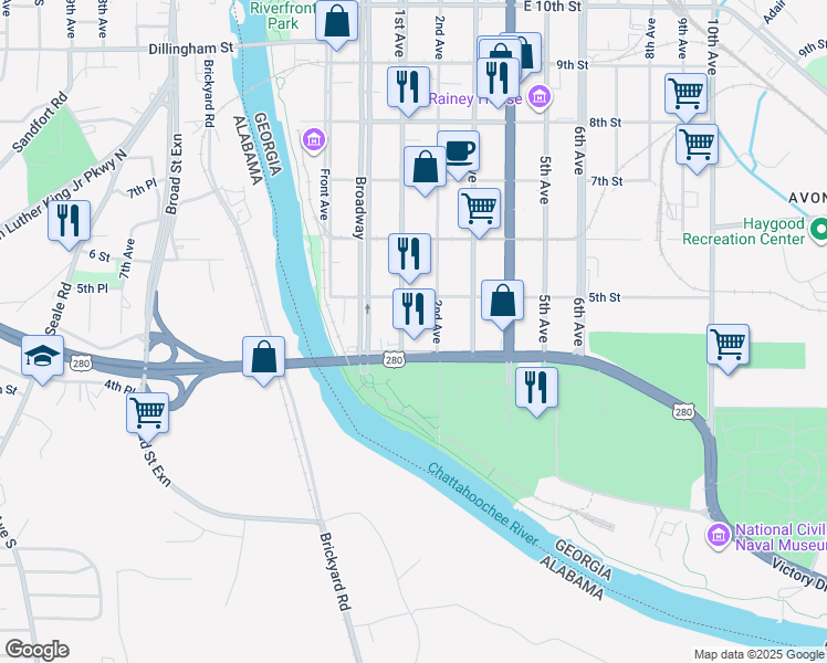 map of restaurants, bars, coffee shops, grocery stores, and more near 414 1st Avenue in Columbus