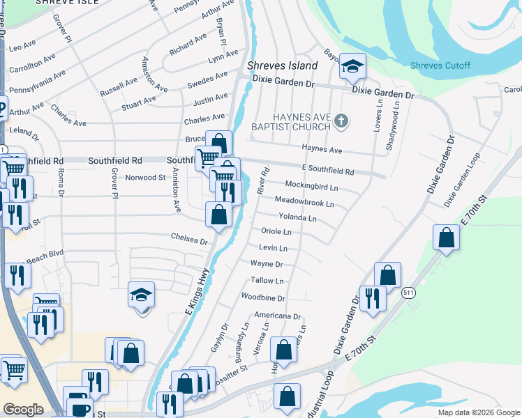 map of restaurants, bars, coffee shops, grocery stores, and more near 302 Yolanda Lane in Shreveport