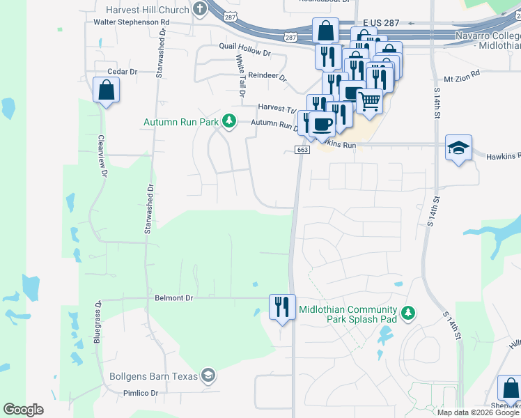 map of restaurants, bars, coffee shops, grocery stores, and more near 2637 Byrd Ranch Road in Midlothian