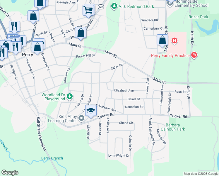 map of restaurants, bars, coffee shops, grocery stores, and more near 1403 Elizabeth Avenue in Perry