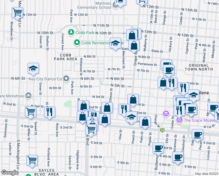 map of restaurants, bars, coffee shops, grocery stores, and more near 449 Clinton Street in Abilene
