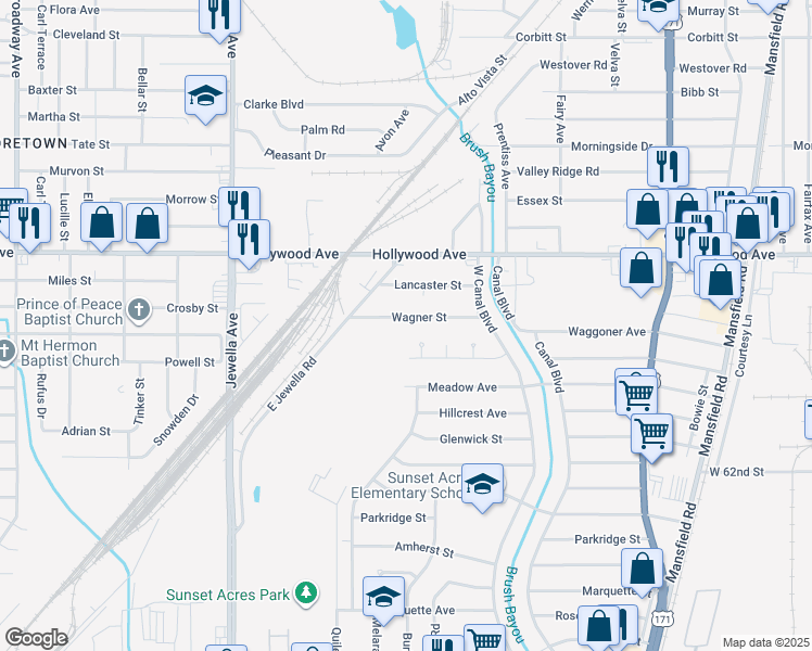 map of restaurants, bars, coffee shops, grocery stores, and more near 3245 Wagner Street in Shreveport