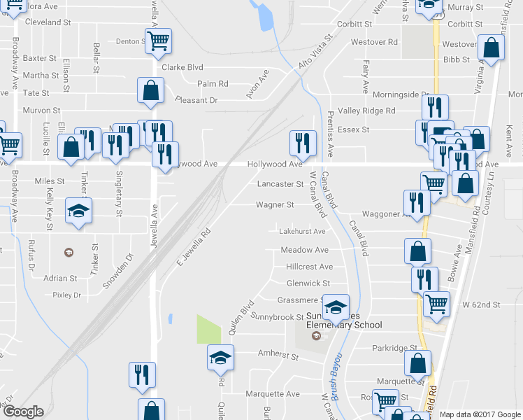 map of restaurants, bars, coffee shops, grocery stores, and more near 3245 Wagner Street in Shreveport