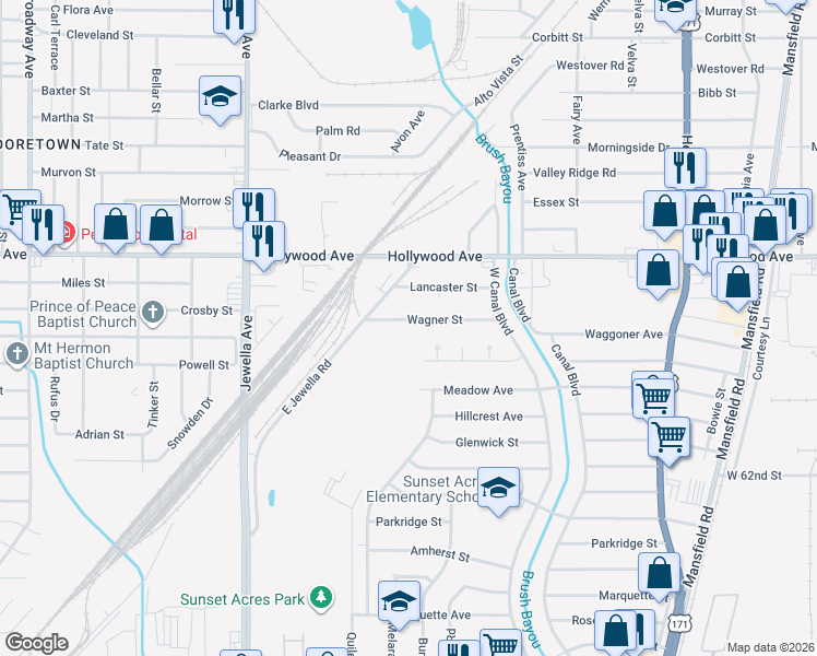map of restaurants, bars, coffee shops, grocery stores, and more near 3245 Wagner Street in Shreveport