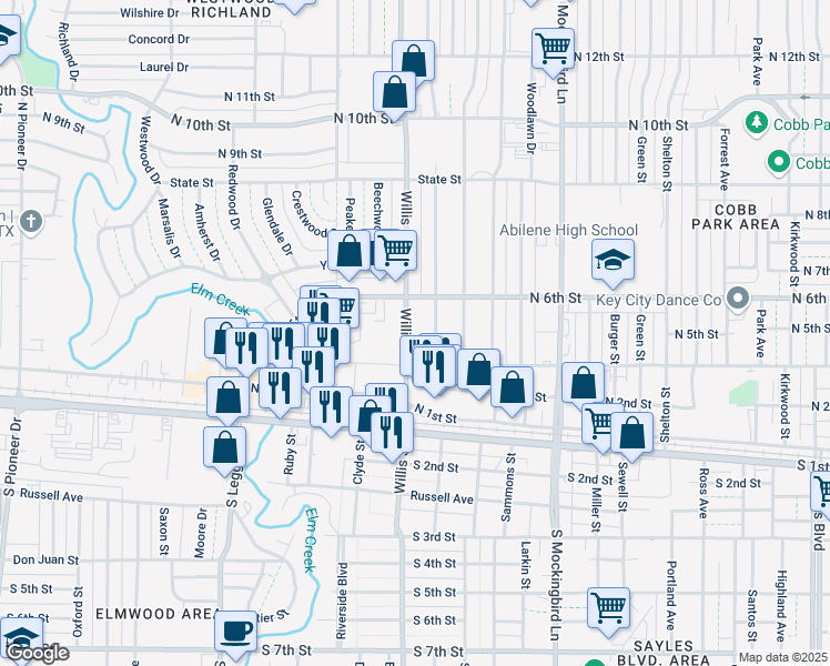 map of restaurants, bars, coffee shops, grocery stores, and more near 401 North Willis Street in Abilene