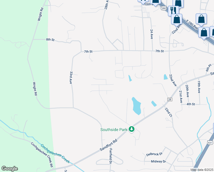 map of restaurants, bars, coffee shops, grocery stores, and more near 2515 Orchard Street in Phenix City