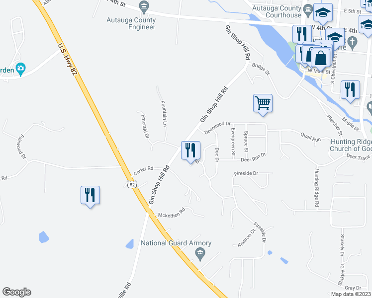 map of restaurants, bars, coffee shops, grocery stores, and more near 741 Gin Shop Hill Road in Prattville