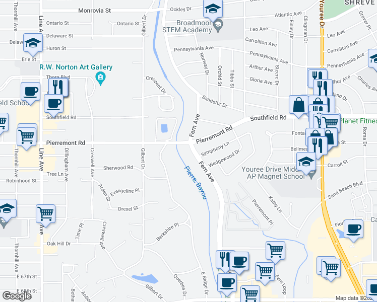 map of restaurants, bars, coffee shops, grocery stores, and more near 5906 Fern Avenue in Shreveport