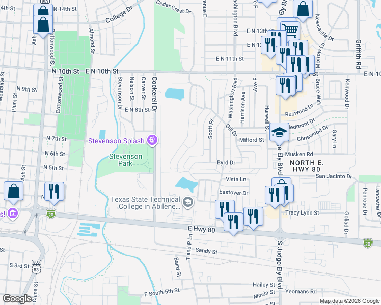 map of restaurants, bars, coffee shops, grocery stores, and more near 633 Green Valley Drive in Abilene