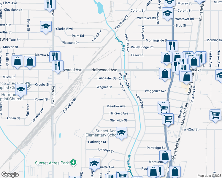 map of restaurants, bars, coffee shops, grocery stores, and more near 3207 Wagner Street in Shreveport