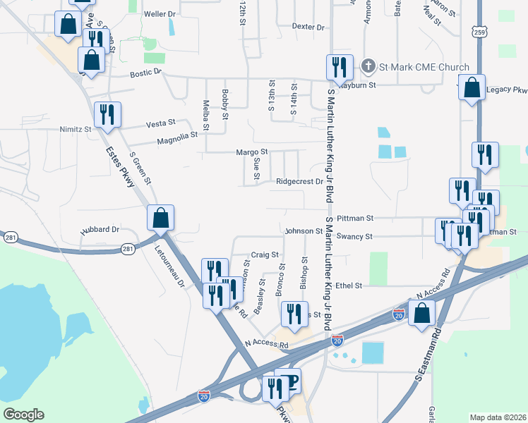 map of restaurants, bars, coffee shops, grocery stores, and more near 1100 Bertha Avenue in Longview