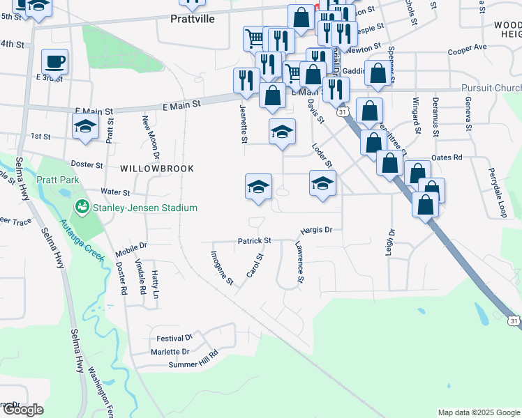 map of restaurants, bars, coffee shops, grocery stores, and more near 134 Patrick Street in Prattville